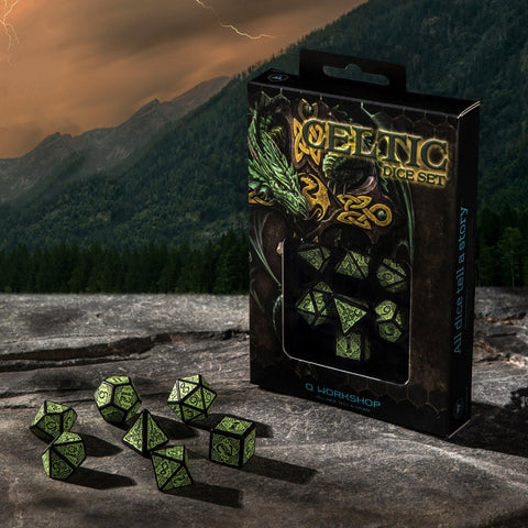 Celtic 3D Revised Dice Set Black And Green Rpg Role Playing Games Q-Workshop NEW