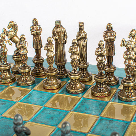 Renaissance Metal Chess Set Blue & Bronze Chessmen Board 36Cm Manopoulos S9Btir