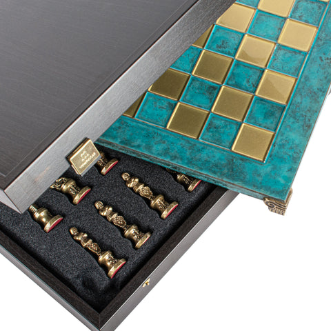 Renaissance Metal Chess Set Blue & Bronze Chessmen Board 36Cm Manopoulos S9Btir