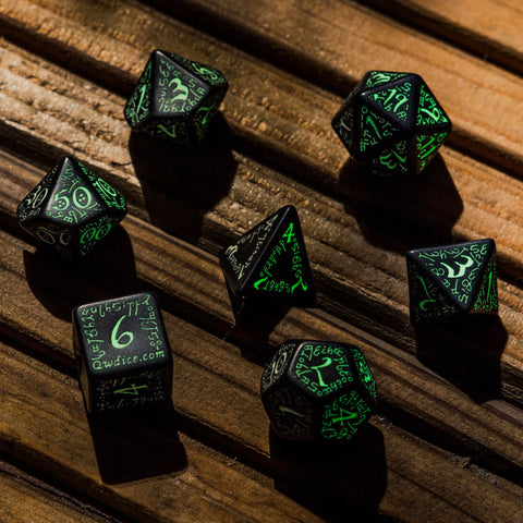 Elvish Dice Set Black And Glow In The Dark Role Games Q-Workshop Dnd Rpg NEW