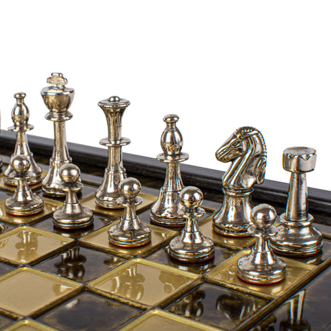 Classic Metal Staunton Chess Set Gold & Silver Chessmen 27Cm Manopoulos Sk32Bro