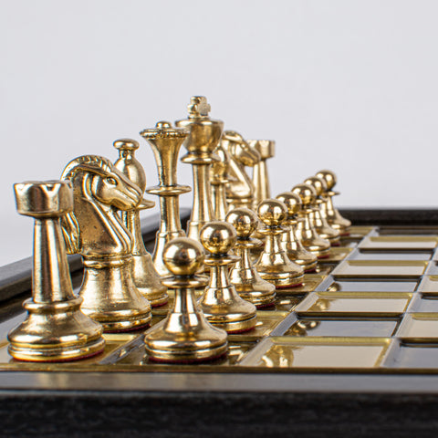 Classic Metal Staunton Chess Set Gold & Silver Chessmen 27Cm Manopoulos Sk32Bro