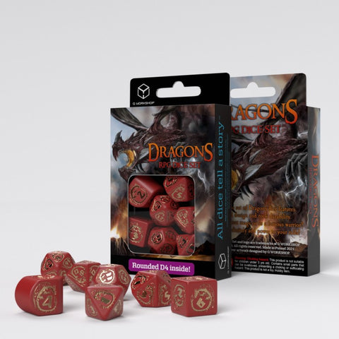 Dragons Rpg Dice Set Red And Gold Role Games Q-Workshop Dnd Modern D4 Roll NEW