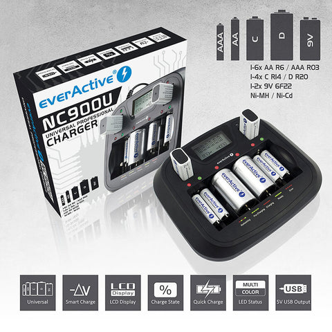Everactive Universal Professional Charger Nc 9000U Aaa/Aa C/D 9V 50/60Hz 30W NEW
