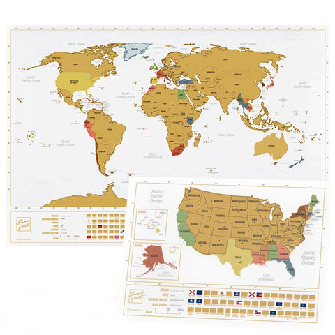 World And USa Scratch Map Set Travel Tracker Journal Wall Poster White NEW