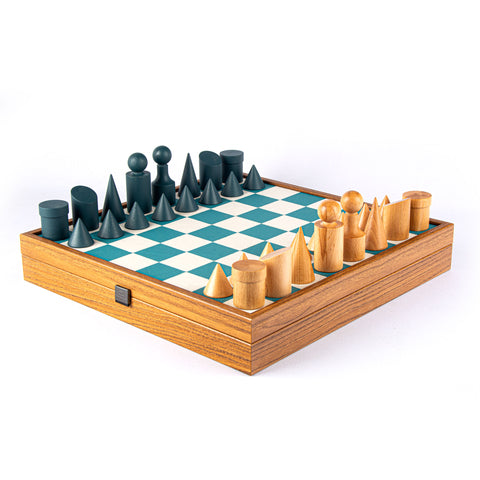Wood Chess Set Bauhaus Style Chessmen Leatherette Board 40Cm Manopoulos Sd50Tir