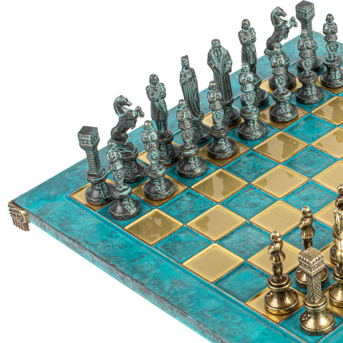 Renaissance Metal Chess Set Blue & Bronze Chessmen Board 36Cm Manopoulos S9Btir