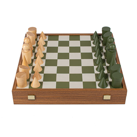 Wood Chess Set Bauhaus Style Chessmen Leatherette Board 40Cm Manopoulos Sd50Gre