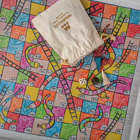 Chess/Backgammon/Ludo/Snakes - Children's Freehand Colored Drawing Sketch in Grey wooden case