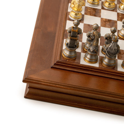 Italfama Italian Gold & Silver Plated Pewter Chess Set, Wood Marble Board