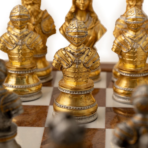 Italfama Italian Gold & Silver Plated Pewter Chess Set, Wood Marble Board