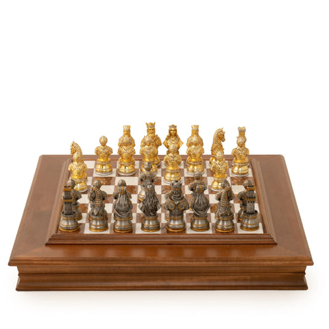 Italfama Italian Gold & Silver Plated Pewter Chess Set, Wood Marble Board