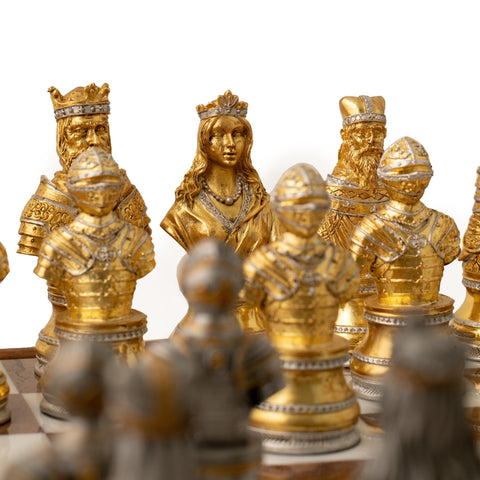 Italfama Italian Gold & Silver Plated Pewter Chess Set, Wood Marble Board