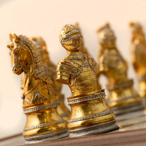 Italfama Italian Gold & Silver Plated Pewter Chess Set, Wood Marble Board