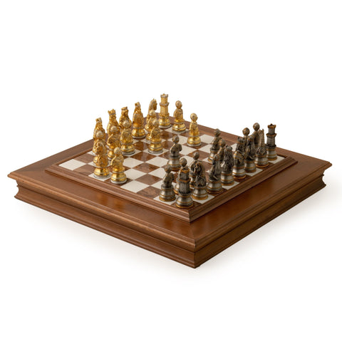 Italfama Italian Gold & Silver Plated Pewter Chess Set, Wood Marble Board