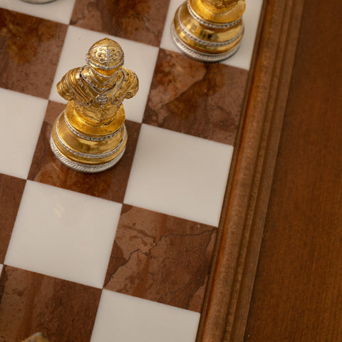 Italfama Italian Gold & Silver Plated Pewter Chess Set, Wood Marble Board