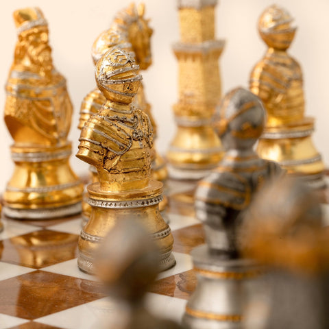 Italfama Italian Gold & Silver Plated Pewter Chess Set, Wood Marble Board