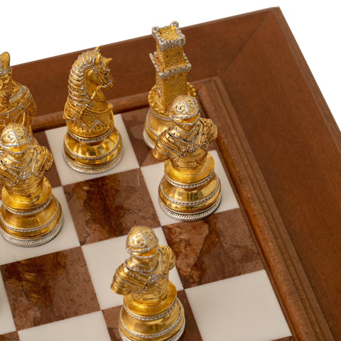 Italfama Italian Gold & Silver Plated Pewter Chess Set, Wood Marble Board