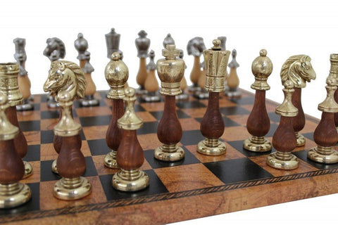 Italfama Arabic Metal & Wood Chess Set, Faux Leather Board 40cm Gold/Silver