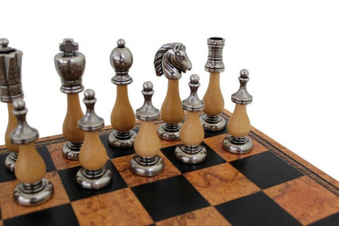 Italfama Arabic Metal & Wood Chess Set, Faux Leather Board 40cm Gold/Silver