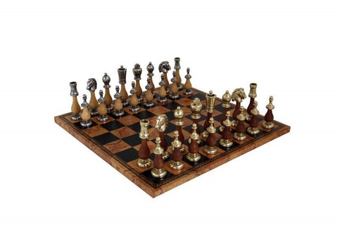 Italfama Arabic Metal & Wood Chess Set, Faux Leather Board 40cm Gold/Silver