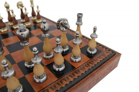 Italfama Italian Chess Set Metal/Wood Leather Board w/ Storage 48cm + Backgammon