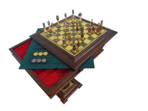 Italfama Arabic Chess Set with Table, Metal Gold/Silver Pieces, 3-in-1