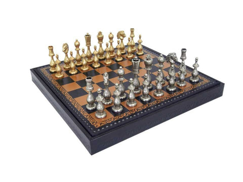 Arabic Metal Chess Set, Leatherette Board Box 48cm, Made in Italy & Checkers