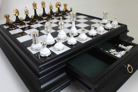 Italfama Luxury Brass Chess Set, Gold/Silver Plated, Marble Wood Board, Drawer