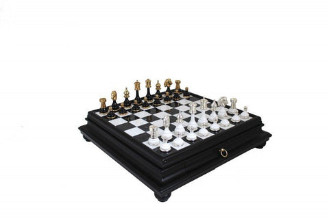 Italfama Luxury Brass Chess Set, Gold/Silver Plated, Marble Wood Board, Drawer