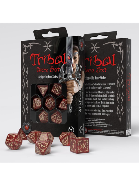 Q-Workshop Tribal Dice Set Red/Beige 7-Die Polyhedral RPG D&D Anne Stokes