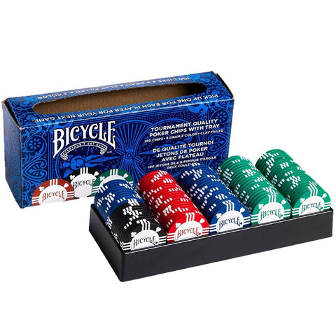 Bicycle 100 Poker Chip Set With Tray 8 Gram Clay Filled 4 Colors Tournament
