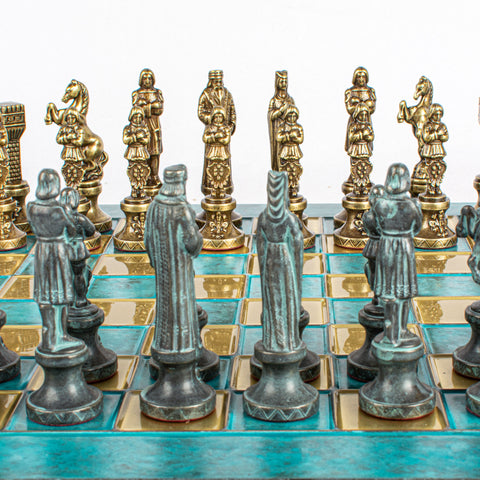 Renaissance Metal Chess Set Blue & Bronze Chessmen Board 36Cm Manopoulos S9Btir