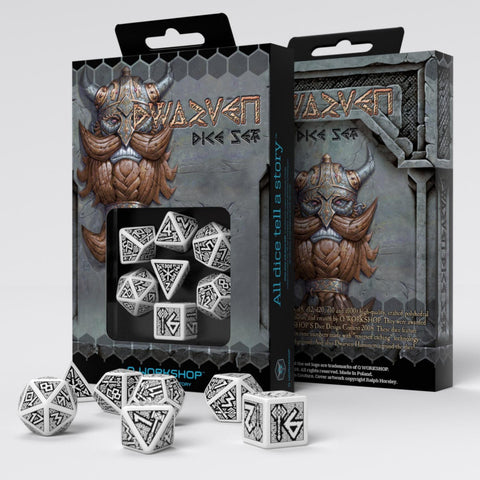 DWARVEN WHITE AND BLACK DICE SET ROLE PLAYING GAMES Q-WORKSHOP DND RPG ROLL NEW