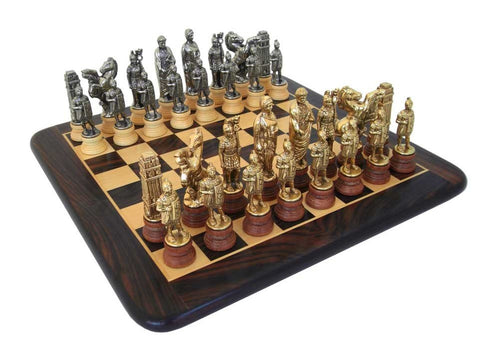 Handmade Metal Chess Set with Mahogany Board, Gold/Silver Plated, Italfama