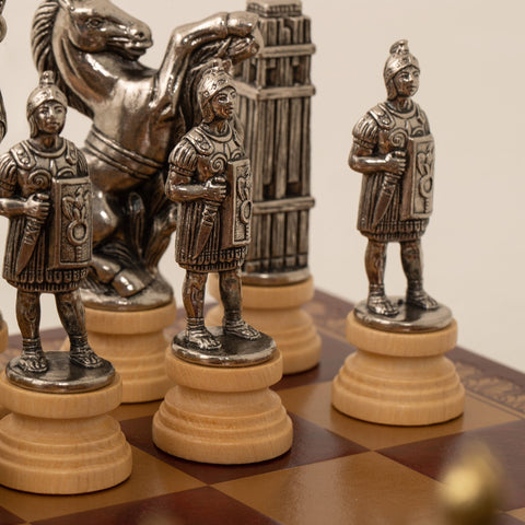 Italfama Metal Chess Set, Dark Red Leatherette Board, 45x45 cm, Made in Italy