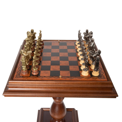 Italfama Roman Chess Set w/ Wooden Table, Leather Board, Gold/Silver Pieces
