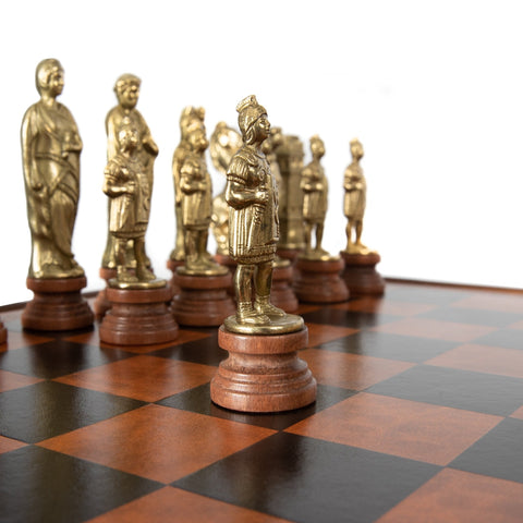 Italfama Roman Chess Set w/ Wooden Table, Leather Board, Gold/Silver Pieces