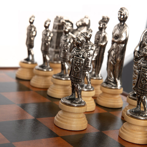 Italfama Roman Chess Set w/ Wooden Table, Leather Board, Gold/Silver Pieces