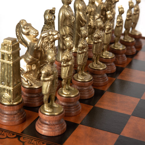 Italfama Roman Chess Set w/ Wooden Table, Leather Board, Gold/Silver Pieces