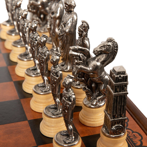 Italfama Roman Chess Set w/ Wooden Table, Leather Board, Gold/Silver Pieces