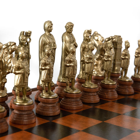 Italfama Roman Chess Set w/ Wooden Table, Leather Board, Gold/Silver Pieces