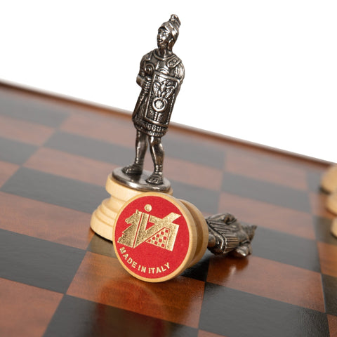 Italfama Roman Chess Set w/ Wooden Table, Leather Board, Gold/Silver Pieces