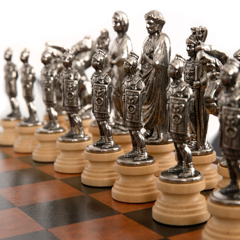 Italfama Roman Chess Set w/ Wooden Table, Leather Board, Gold/Silver Pieces