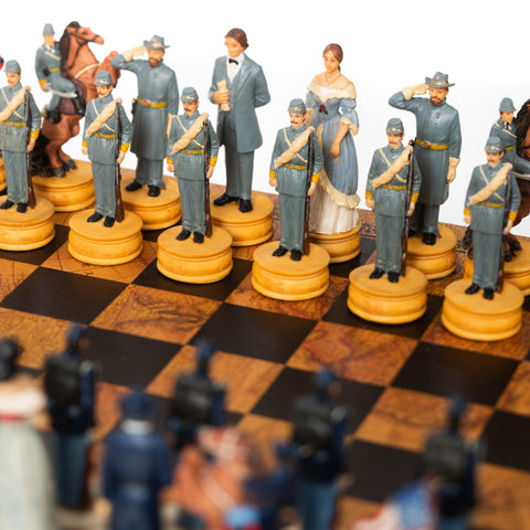 Hand-Painted Civil War Resin Chess Set w/ Leatherette Map Board, Italfama Italy