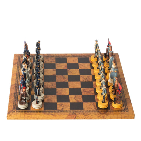 Hand-Painted Civil War Resin Chess Set w/ Leatherette Map Board, Italfama Italy