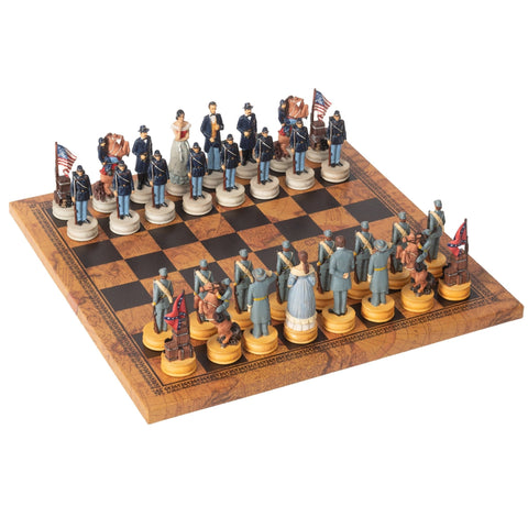Hand-Painted Civil War Resin Chess Set w/ Leatherette Map Board, Italfama Italy