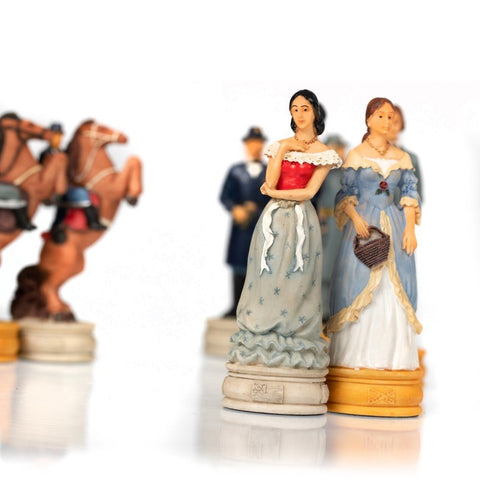 Italfama Civil War Chess Set, Hand-Painted Resin, Mahogany Board w/ Drawer Italy