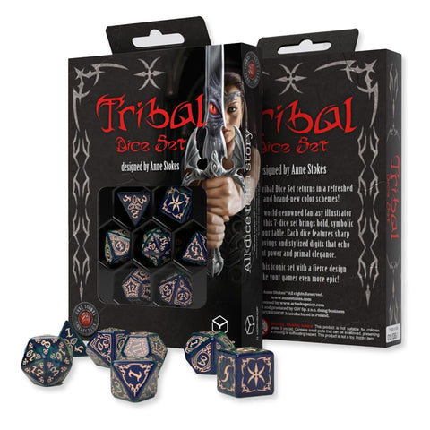 Q-Workshop Tribal Dice Set Blue-Green & Beige 7-Die Polyhedral RPG Anne Stokes