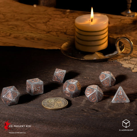 The Witcher Ciri RPG Dice Set by Q-Workshop – 7 Dice + Metal Coin, Grey Copper